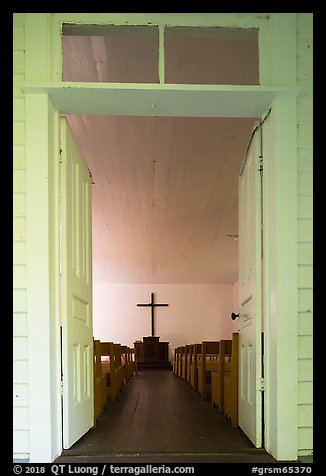Palmer Chapel doorway and interior,  Cataloochee, North Carolina. Great Smoky Mountains National Park, USA.