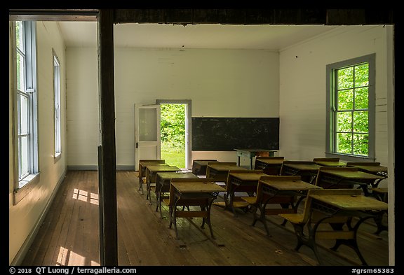 Old-style school desks inside  Beech Grove School, Cataloochee, North Carolina. Great Smoky Mountains National Park, USA.