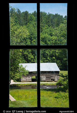 Caldwell Barn from Caldwell House window, Cataloochee, North Carolina. Great Smoky Mountains National Park, USA.