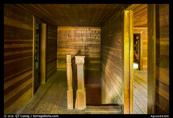 Staircase and rooms inside Caldwell House, Cataloochee, North Carolina. Great Smoky Mountains National Park, USA.