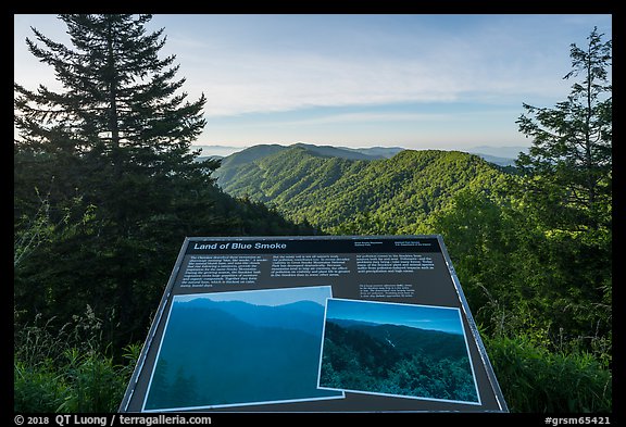 Land of blue smoke interpretive sign, North Carolina. Great Smoky Mountains National Park, USA.