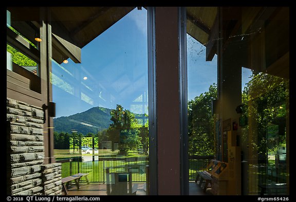 Window reflexion, Oconaluftee Visitor Center, North Carolina. Great Smoky Mountains National Park, USA.