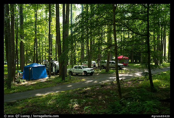 Trailer camping at Elkmont Campground, Tennessee. Great Smoky Mountains National Park, USA.