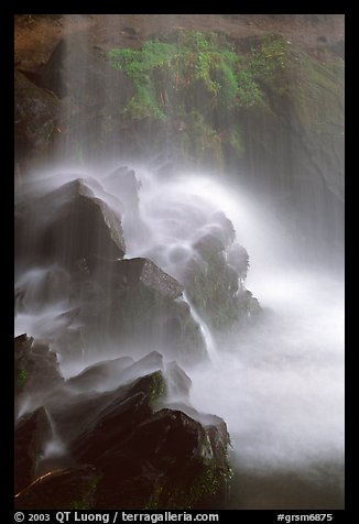 Misty water falling on dark rocks, Grotto falls, Tennessee. Great Smoky Mountains National Park (color)