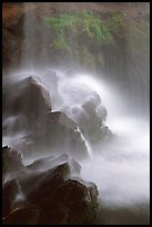 Misty water falling on dark rocks, Grotto falls, Tennessee. Great Smoky Mountains National Park, USA. (color)