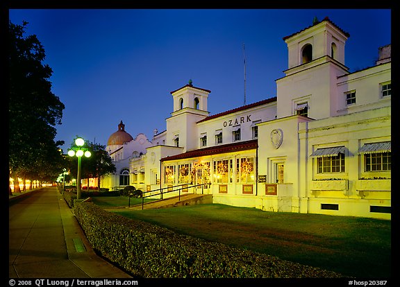 Ozark Bath and Bathhouse row at night in 1997. Hot Springs National Park (color)