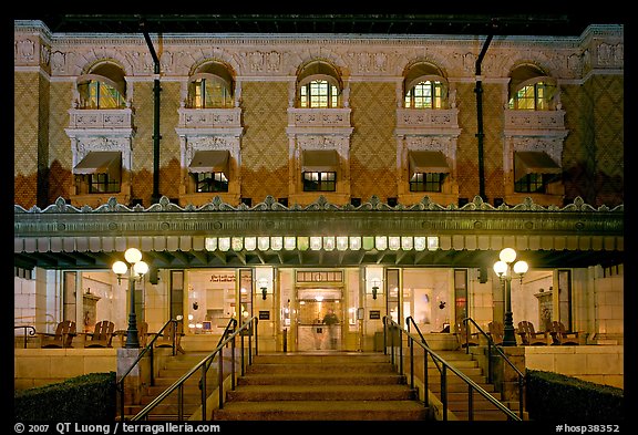 Fordyce Bathhouse facade at night. Hot Springs National Park (color)