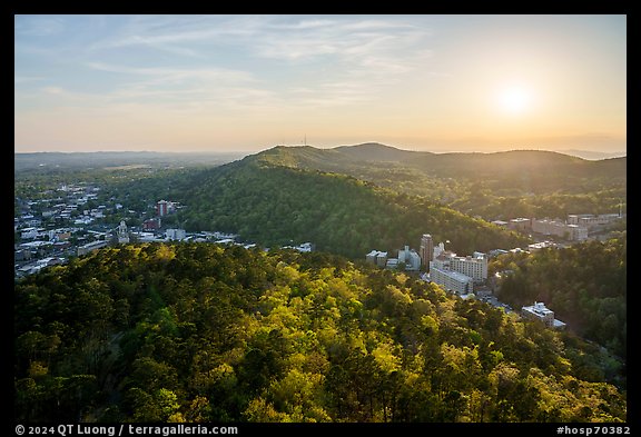 Looking west from Hot Springs Mountain Tower, spring sunset. Hot Springs National Park, Arkansas, USA.