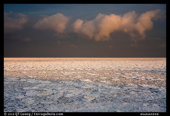 Frozen Lake Michigan at sunrise. Indiana Dunes National Park, Indiana, USA.