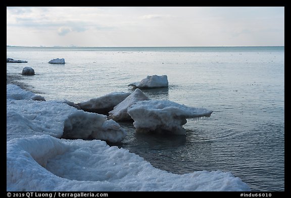 Lakeshore with shelf ice. Indiana Dunes National Park, Indiana, USA.