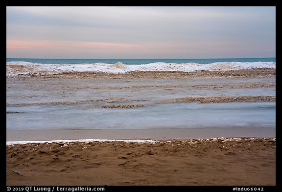 Beach in winter with ice. Indiana Dunes National Park (color)