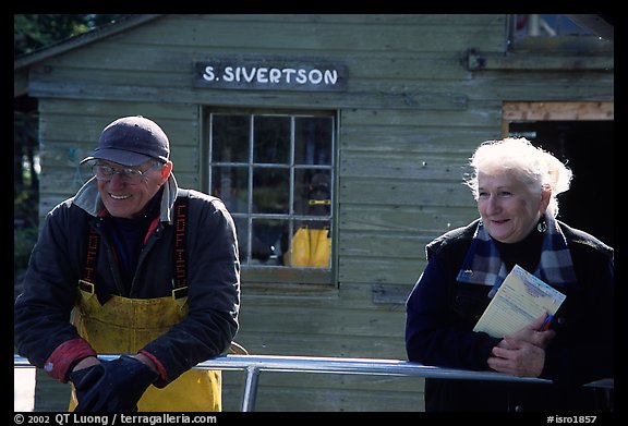 Commercial fishermen Milford and Monica Johnson at Sivertson Fish House. Isle Royale National Park (color)