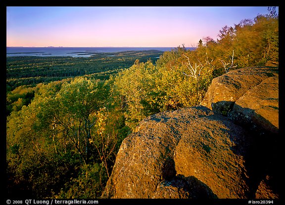 Mount Franklin outcrop, trees, and Lake Superior in the distance. Isle Royale National Park (color)