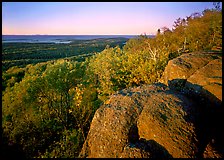Mount Franklin outcrop, trees, and Lake Superior in the distance. Isle Royale National Park, Michigan, USA.