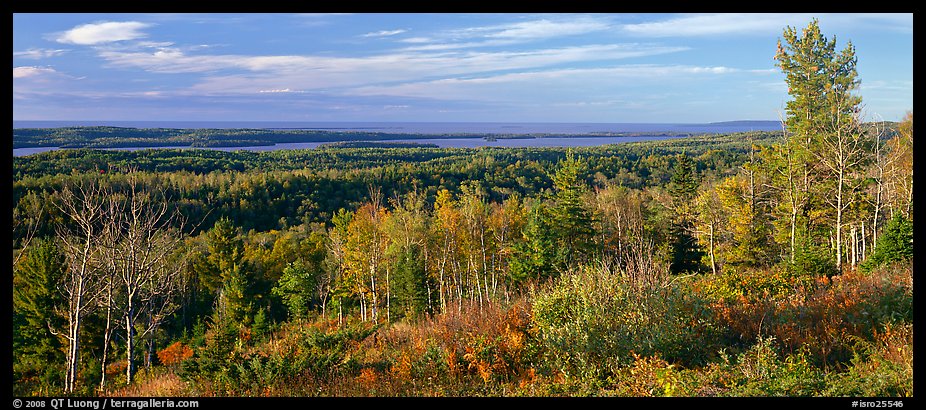 Fall landscape with forest stretching to lakeshore. Isle Royale National Park (color)