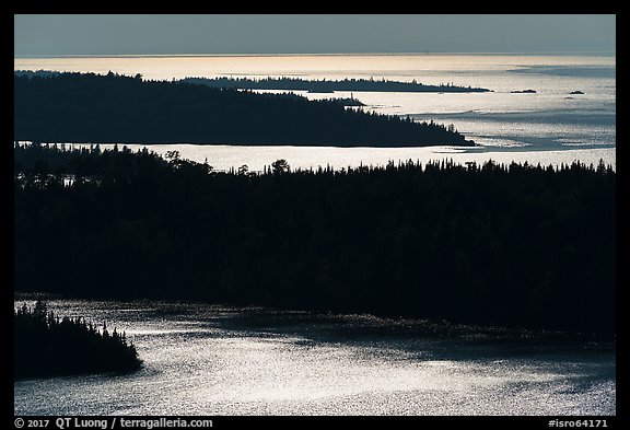 Ridges and water glitter from Louise Lookout. Isle Royale National Park, Michigan, USA.