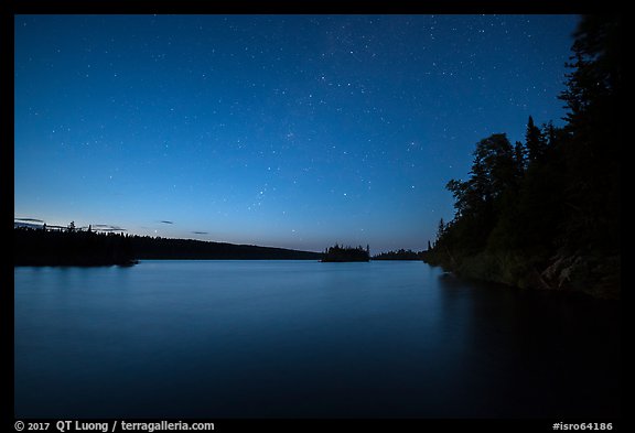 Tobin Harbor at dusk, with stars. Isle Royale National Park, Michigan, USA.