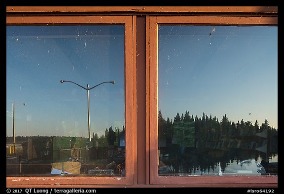 Snug Harbor window reflexion, Rock Harbor Visitor Center. Isle Royale National Park, Michigan, USA.