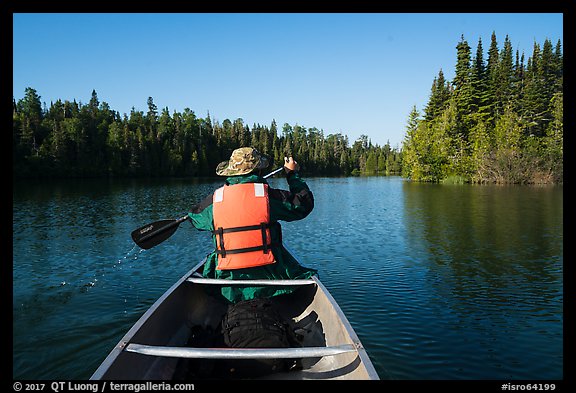 Canoist paddling seen from back, Tobin Harbor. Isle Royale National Park, Michigan, USA.