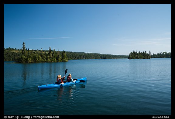 Kayakers, Tobin Harbor. Isle Royale National Park, Michigan, USA.