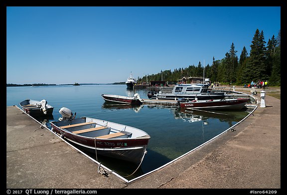 Small boats moored at marina, Rock Harbor. Isle Royale National Park, Michigan, USA.