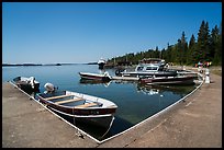 Small boats moored at marina, Rock Harbor. Isle Royale National Park ( color)