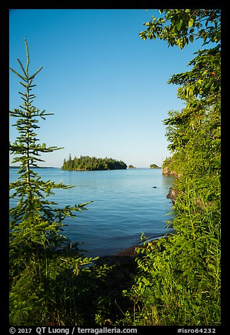 Shaw Island framed by trees of Tookers Island. Isle Royale National Park (color)