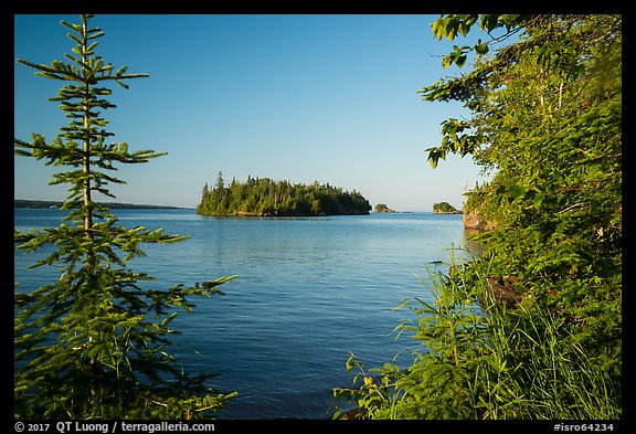Islands of archipelago framed by trees from Tookers Island. Isle Royale National Park, Michigan, USA.