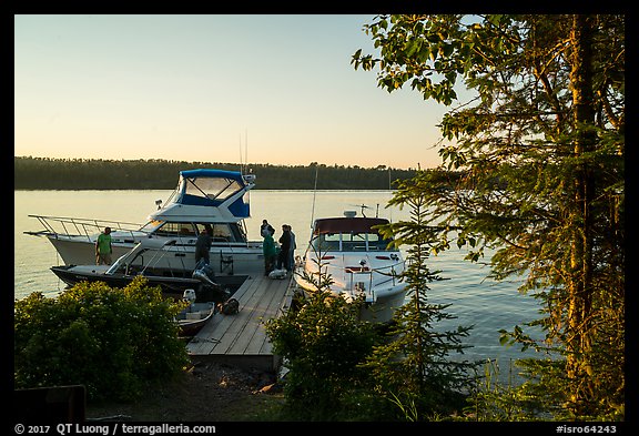 Dock with several boats moored, Tookers Island. Isle Royale National Park, Michigan, USA.