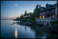 Rock Harbor Lodge and moon at dusk. Isle Royale National Park ( color)