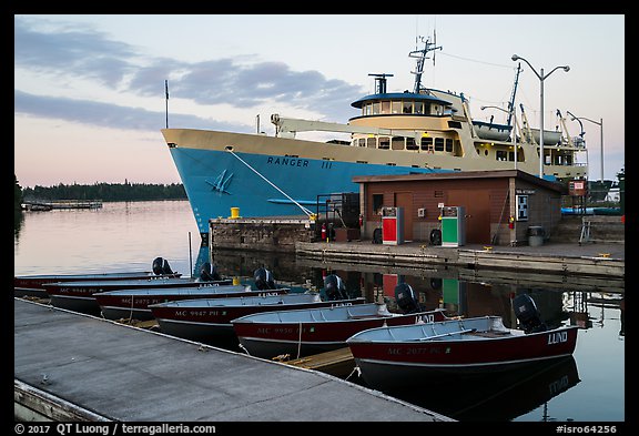 Rock Harbor marina with Ranger 3 ferry at dawn. Isle Royale National Park (color)