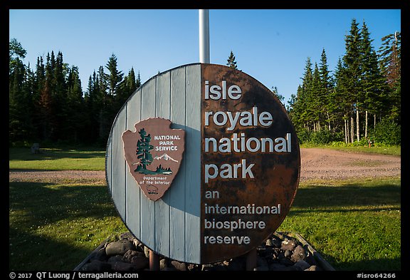 Isle Royale National Park sign, Mott Island. Isle Royale National Park, Michigan, USA.