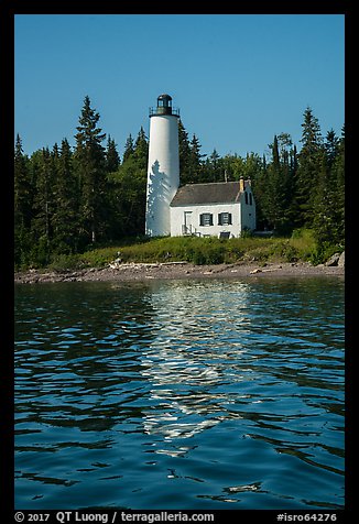 Rock Harbor Lighthouse with tree shadaow and reflection. Isle Royale National Park (color)