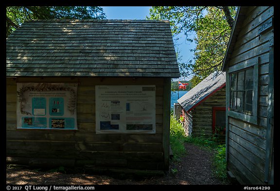 Bangsund Cabin with technical posters and norvegian flag. Isle Royale National Park, Michigan, USA.