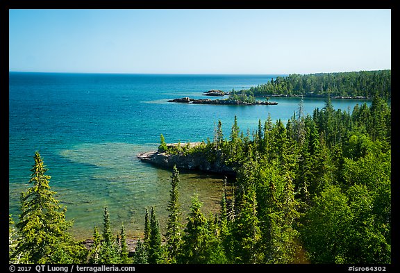 Costline seen from top of Rock Harbor Lighthouse. Isle Royale National Park, Michigan, USA.
