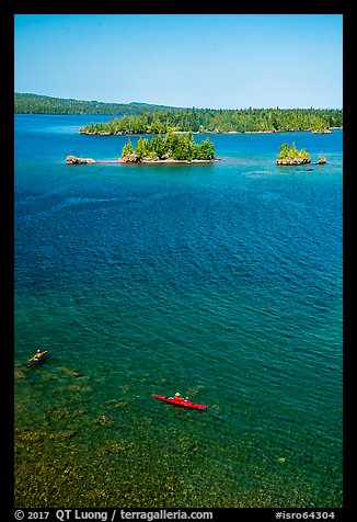 Kayakers, blue waters, and islets from above. Isle Royale National Park (color)