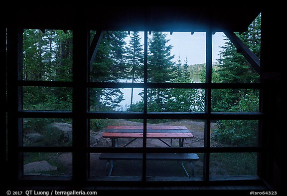 View from inside shelter, Moskey Basin. Isle Royale National Park, Michigan, USA.