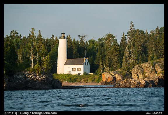 Rocks and Rock Harbor Lighthouse. Isle Royale National Park, Michigan, USA.