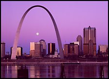 Moon, Arch and downtown skyline at dawn. Gateway Arch National Park ( color)