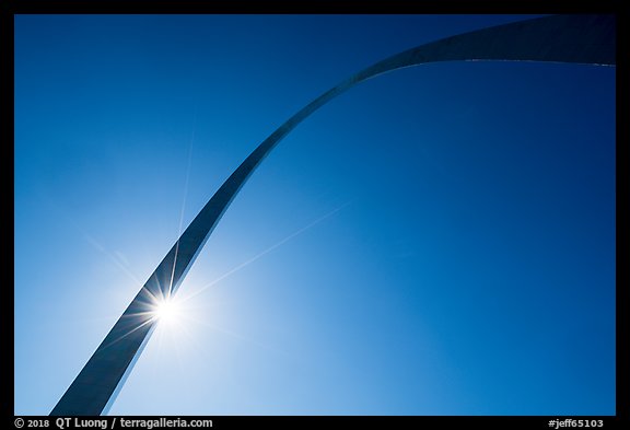 Gateway Arch from below with sun. Gateway Arch National Park, St Louis, Missouri, USA.