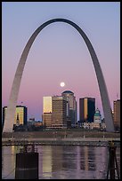 Moonset framed by Arch across Mississippi River. Gateway Arch National Park ( color)