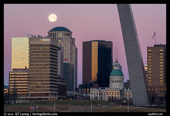 Downtown, Old Courthouse, Arch pillar, and moon. Gateway Arch National Park (color)