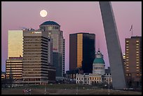 Downtown, Old Courthouse, Arch pillar, and moon. Gateway Arch National Park ( color)