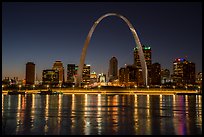 Arch, Old Courthouse and skyline reflected in Mississippi River at night. Gateway Arch National Park, St Louis, Missouri, USA.