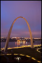 Arch, lighted paths, and Mississippi River from above at dawn. Gateway Arch National Park ( color)