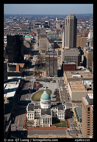 Old Courthouse and downtown St Louis from top of Arch. Gateway Arch National Park (color)