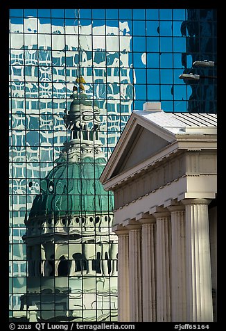Old Courthouse and its reflection in glass building. Gateway Arch National Park (color)