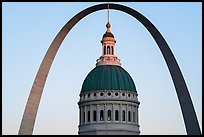 Old Courthouse dome and Arch at sunset. Gateway Arch National Park ( color)