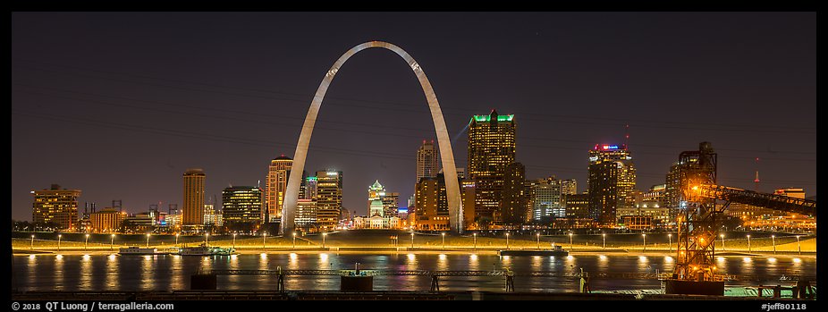 St Louis skyline from Mississippi River Overlook at night. Gateway Arch National Park (color)