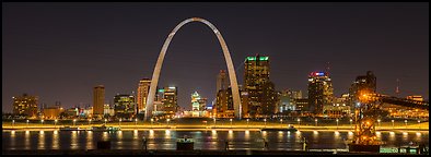 St Louis skyline from Mississippi River Overlook at night. Gateway Arch National Park, St Louis, Missouri, USA.
